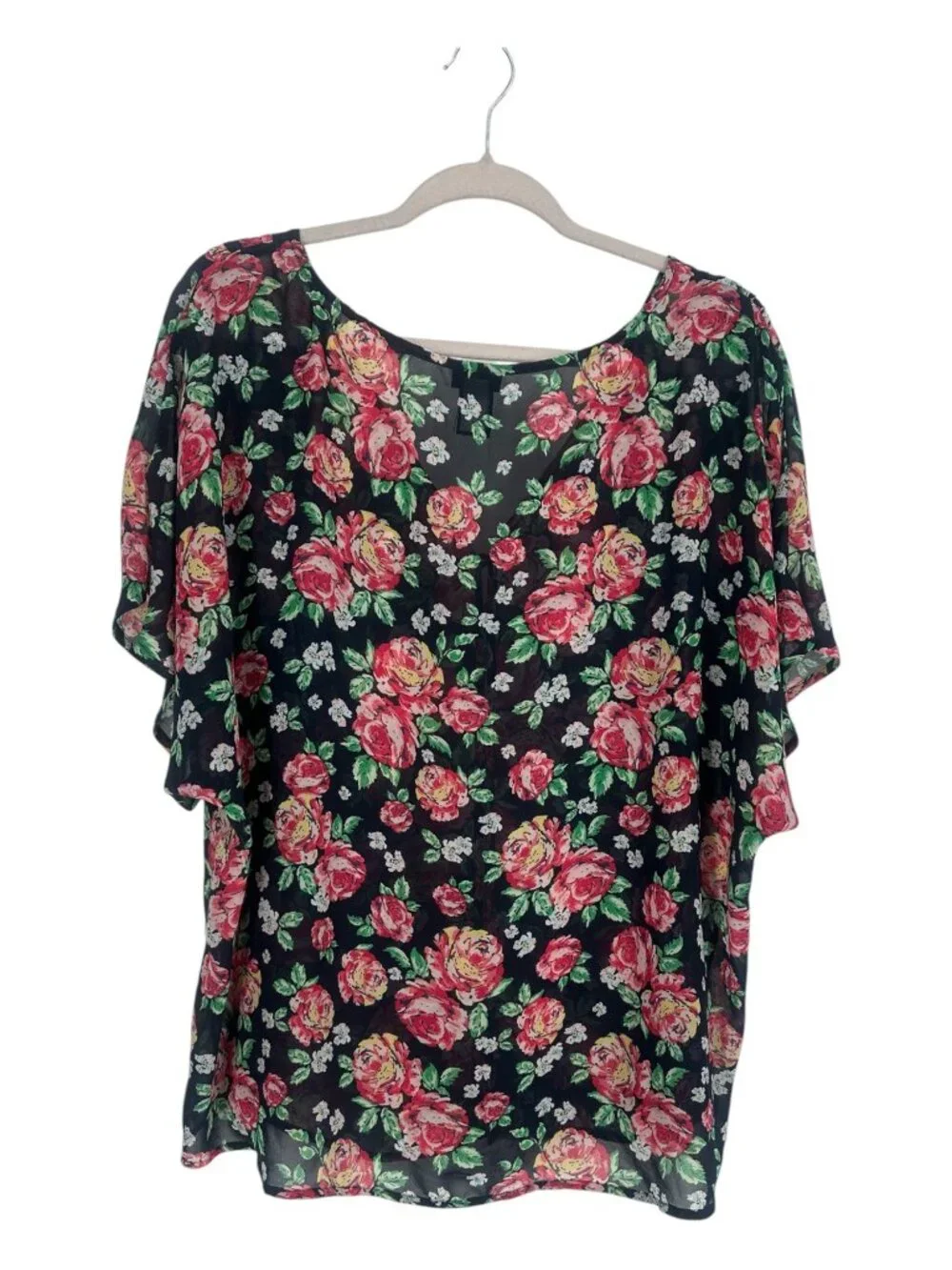 Torrid Black Pink Floral Chiffon Blouse 2X 3/4 Flutter Sleeve Whimsigoth Boho - Picture 2 of 8